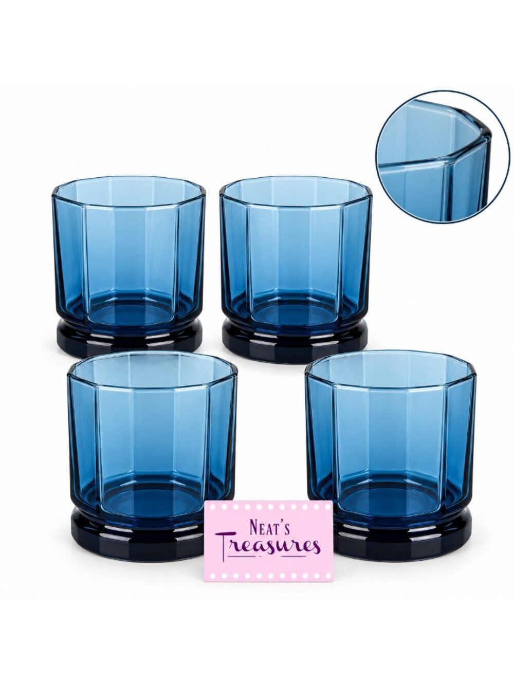 Anchor Hocking ESSEX COBALT BLUE 10 Panel Old Fashion Lowball Rock Glasses Set 4